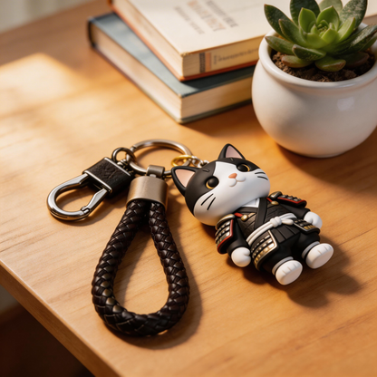 🐱⚔️ “The Samurai Cat Keychain” – Winking Warrior Cat | Food-Grade Silicone + Matte PU Leather + Velvet Gift Box | Hang It & Instantly Add a “Cool Filter” to Your Day! ✨