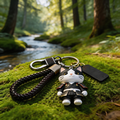 🐱⚔️ “The Samurai Cat Keychain” – Winking Warrior Cat | Food-Grade Silicone + Matte PU Leather + Velvet Gift Box | Hang It & Instantly Add a “Cool Filter” to Your Day! ✨