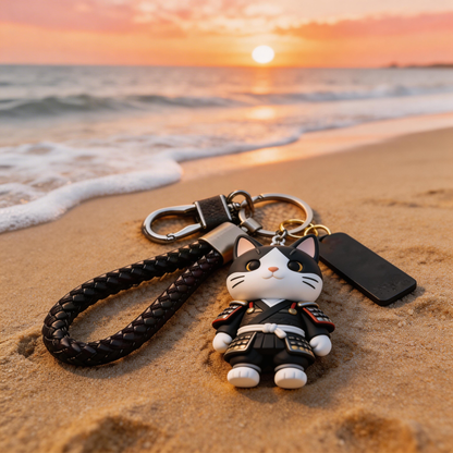 🐱⚔️ “The Samurai Cat Keychain” – Winking Warrior Cat | Food-Grade Silicone + Matte PU Leather + Velvet Gift Box | Hang It & Instantly Add a “Cool Filter” to Your Day! ✨
