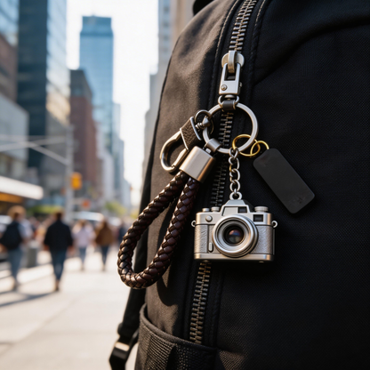 📷👁️ “The Gaze Charm Keychain” – A Specimen of the Act of Looking | Mini Zinc Alloy Camera Pendant Keychain + Leather Strap | Wear the Act of Seeing on Your Everyday Carry. ✨